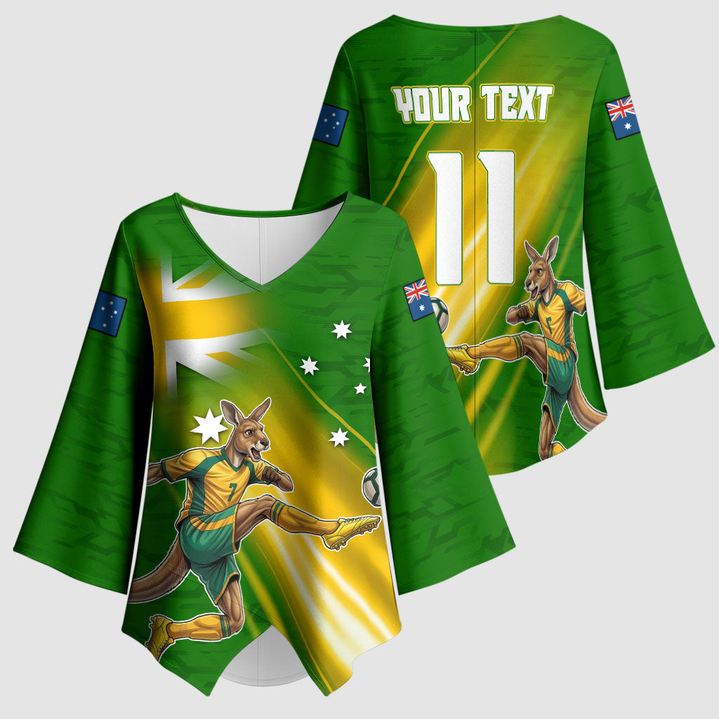 Personalized Australia Soccer Kangaroo Kimono Sleeve Blouse Dynamic Kick with Australian Flag Green Gold Sports Graphic