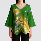 Personalized Australia Soccer Kangaroo Kimono Sleeve Blouse Dynamic Kick with Australian Flag Green Gold Sports Graphic