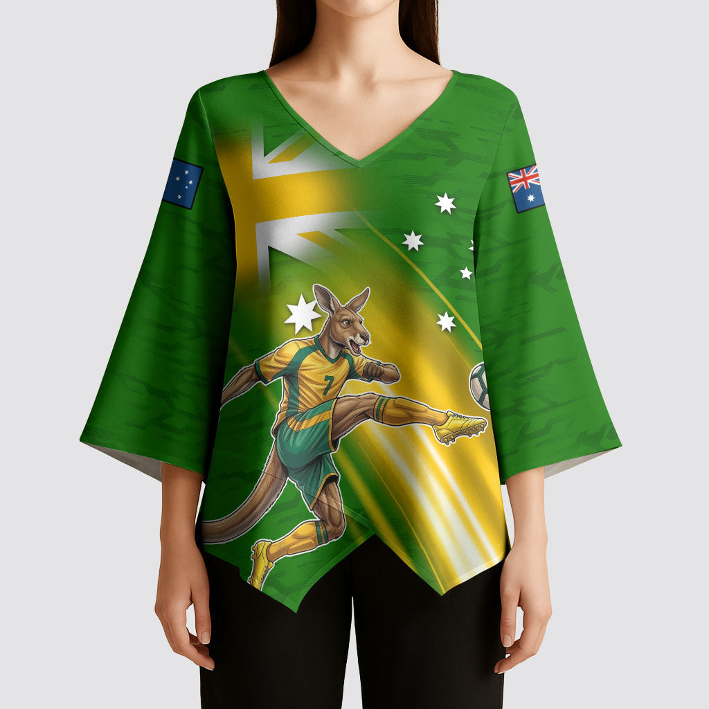 Personalized Australia Soccer Kangaroo Kimono Sleeve Blouse Dynamic Kick with Australian Flag Green Gold Sports Graphic