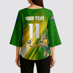 Personalized Australia Soccer Kangaroo Kimono Sleeve Blouse Dynamic Kick with Australian Flag Green Gold Sports Graphic