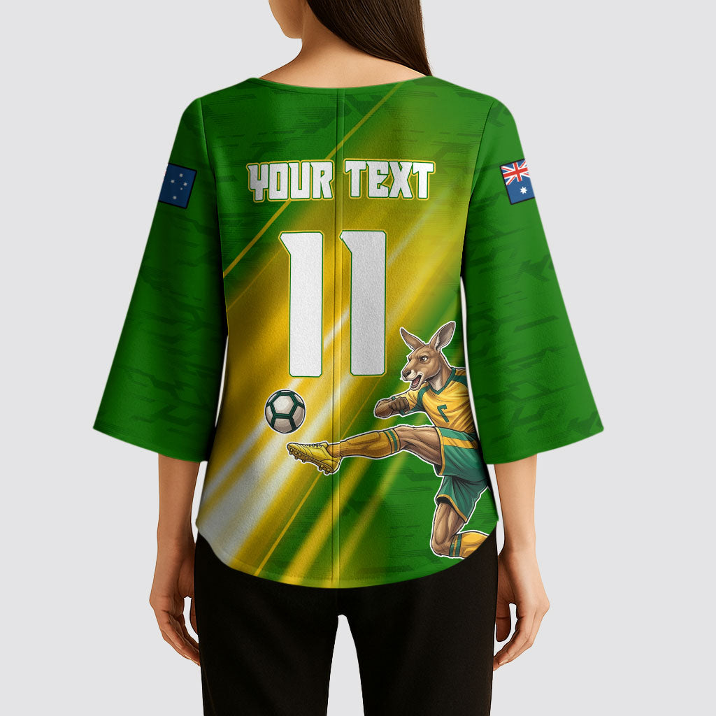Personalized Australia Soccer Kangaroo Kimono Sleeve Blouse Dynamic Kick with Australian Flag Green Gold Sports Graphic