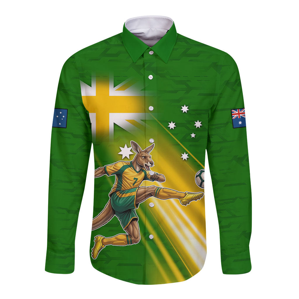 Personalized Australia Soccer Kangaroo Long Sleeve Button Shirt Dynamic Kick with Australian Flag Green Gold Sports Graphic