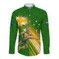 Personalized Australia Soccer Kangaroo Long Sleeve Button Shirt Dynamic Kick with Australian Flag Green Gold Sports Graphic