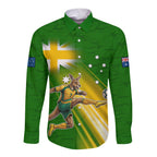 Personalized Australia Soccer Kangaroo Long Sleeve Button Shirt Dynamic Kick with Australian Flag Green Gold Sports Graphic