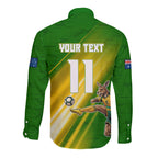 Personalized Australia Soccer Kangaroo Long Sleeve Button Shirt Dynamic Kick with Australian Flag Green Gold Sports Graphic