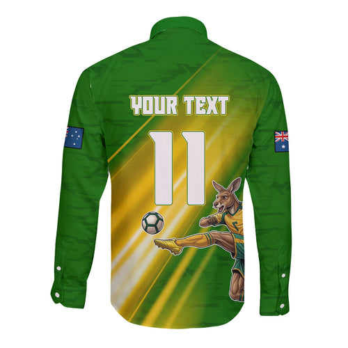 Personalized Australia Soccer Kangaroo Long Sleeve Button Shirt Dynamic Kick with Australian Flag Green Gold Sports Graphic