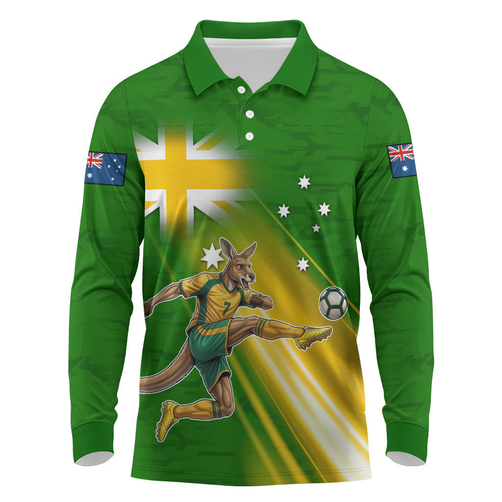 Personalized Australia Soccer Kangaroo Long Sleeve Polo Shirt Dynamic Kick with Australian Flag Green Gold Sports Graphic