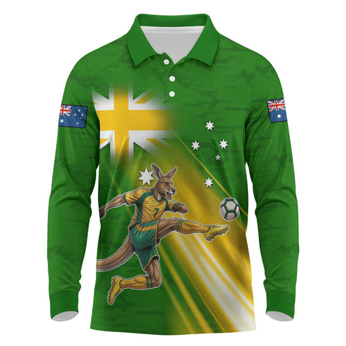 Personalized Australia Soccer Kangaroo Long Sleeve Polo Shirt Dynamic Kick with Australian Flag Green Gold Sports Graphic