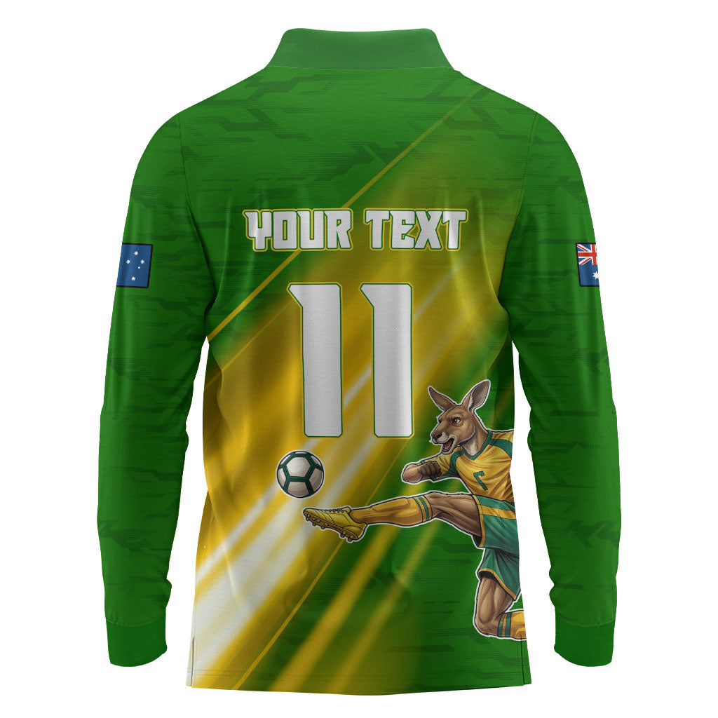 Personalized Australia Soccer Kangaroo Long Sleeve Polo Shirt Dynamic Kick with Australian Flag Green Gold Sports Graphic