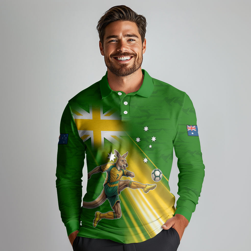 Personalized Australia Soccer Kangaroo Long Sleeve Polo Shirt Dynamic Kick with Australian Flag Green Gold Sports Graphic