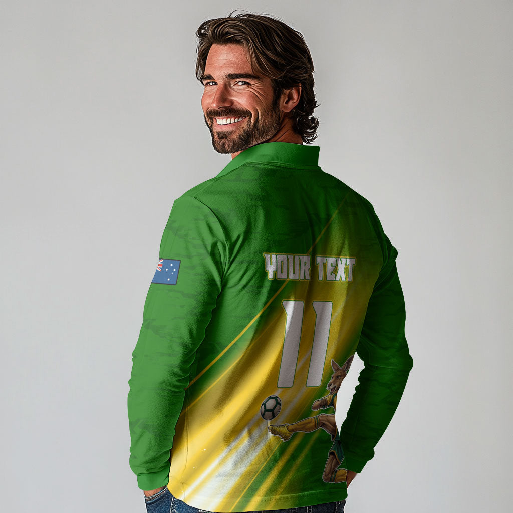 Personalized Australia Soccer Kangaroo Long Sleeve Polo Shirt Dynamic Kick with Australian Flag Green Gold Sports Graphic