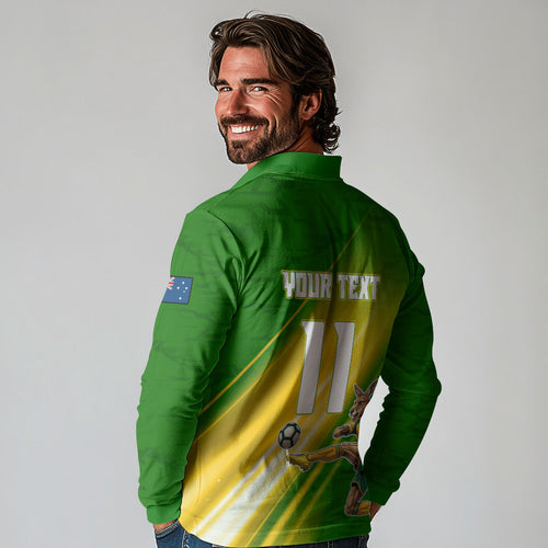 Personalized Australia Soccer Kangaroo Long Sleeve Polo Shirt Dynamic Kick with Australian Flag Green Gold Sports Graphic