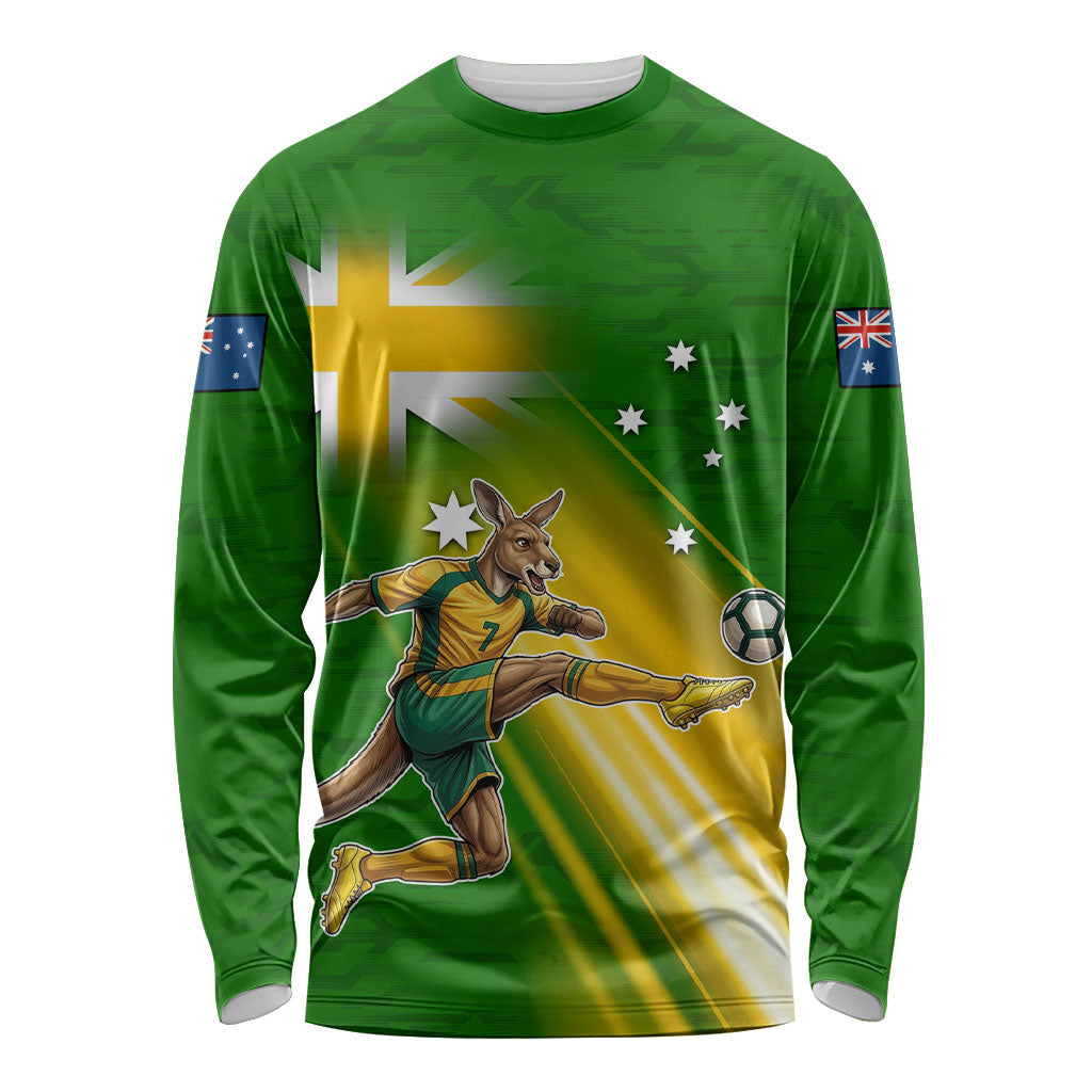 Personalized Australia Soccer Kangaroo Long Sleeve Shirt Dynamic Kick with Australian Flag Green Gold Sports Graphic