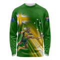 Personalized Australia Soccer Kangaroo Long Sleeve Shirt Dynamic Kick with Australian Flag Green Gold Sports Graphic