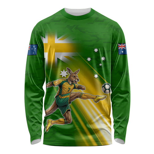 Personalized Australia Soccer Kangaroo Long Sleeve Shirt Dynamic Kick with Australian Flag Green Gold Sports Graphic