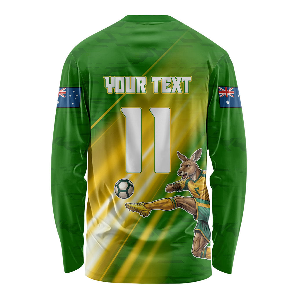 Personalized Australia Soccer Kangaroo Long Sleeve Shirt Dynamic Kick with Australian Flag Green Gold Sports Graphic