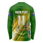 Personalized Australia Soccer Kangaroo Long Sleeve Shirt Dynamic Kick with Australian Flag Green Gold Sports Graphic