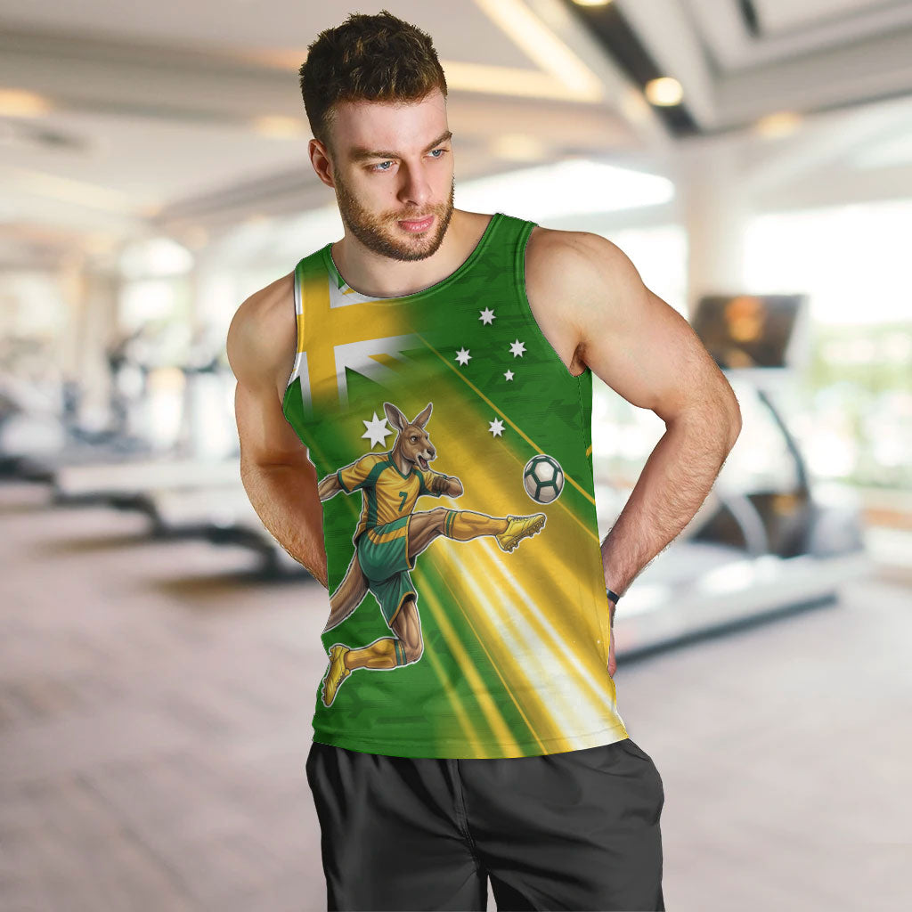 Personalized Australia Soccer Kangaroo Men Tank Top Dynamic Kick with Australian Flag Green Gold Sports Graphic