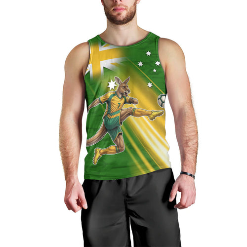 Personalized Australia Soccer Kangaroo Men Tank Top Dynamic Kick with Australian Flag Green Gold Sports Graphic