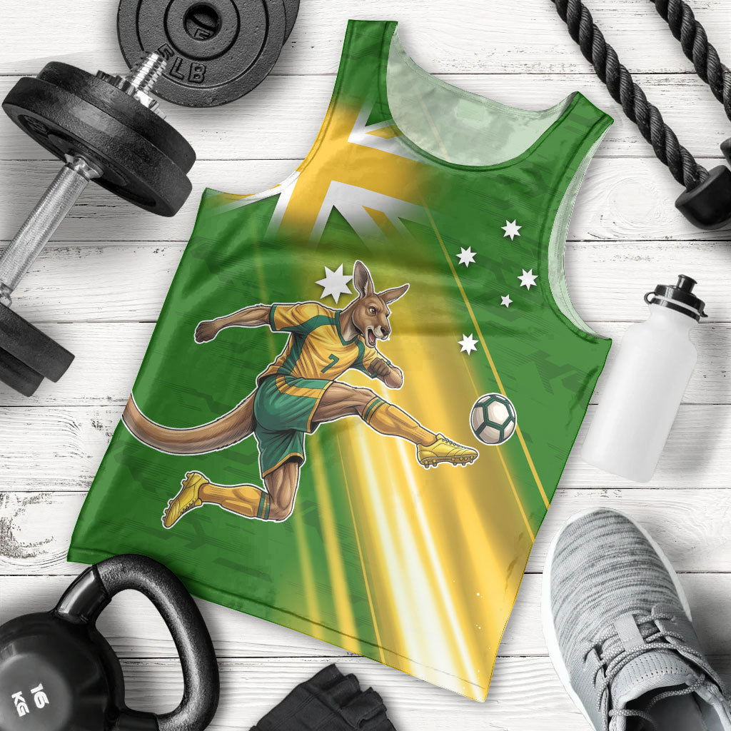 Personalized Australia Soccer Kangaroo Men Tank Top Dynamic Kick with Australian Flag Green Gold Sports Graphic