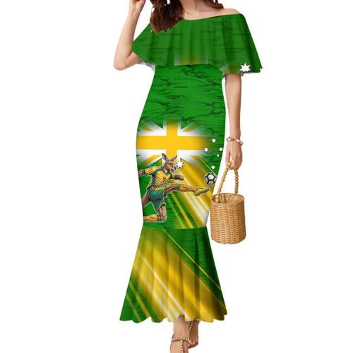 Personalized Australia Soccer Kangaroo Mermaid Dress Dynamic Kick with Australian Flag Green Gold Sports Graphic