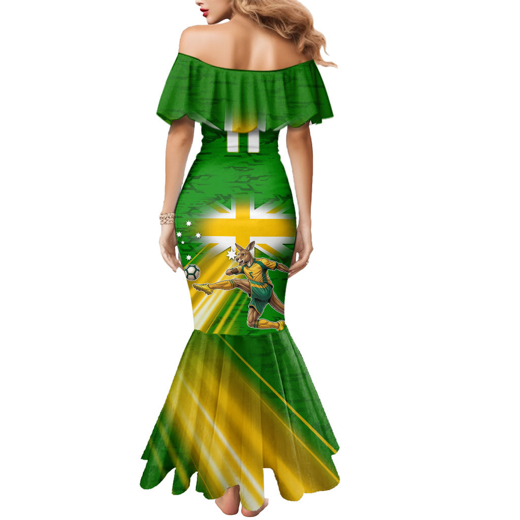 Personalized Australia Soccer Kangaroo Mermaid Dress Dynamic Kick with Australian Flag Green Gold Sports Graphic