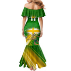 Personalized Australia Soccer Kangaroo Mermaid Dress Dynamic Kick with Australian Flag Green Gold Sports Graphic