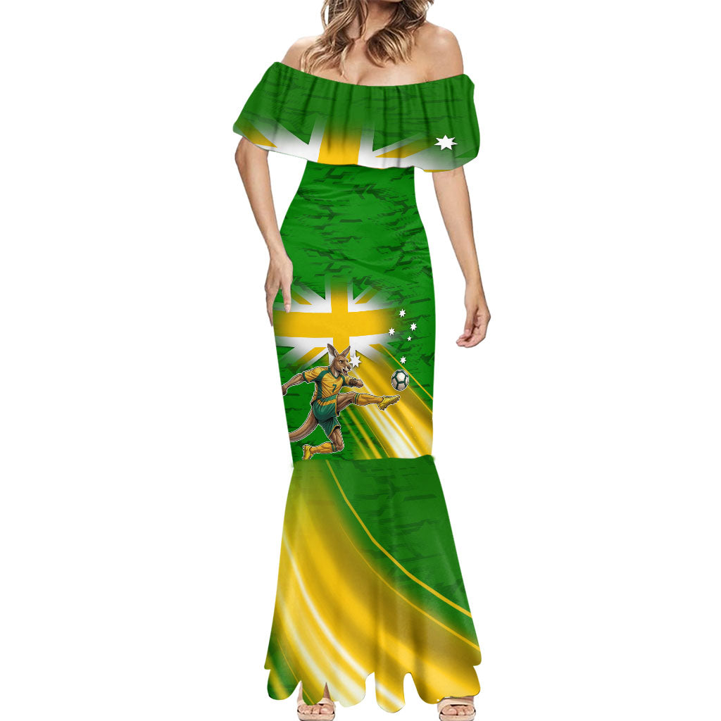 Personalized Australia Soccer Kangaroo Mermaid Dress Dynamic Kick with Australian Flag Green Gold Sports Graphic