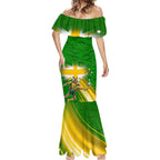 Personalized Australia Soccer Kangaroo Mermaid Dress Dynamic Kick with Australian Flag Green Gold Sports Graphic