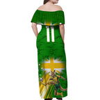 Personalized Australia Soccer Kangaroo Off Shoulder Maxi Dress Dynamic Kick with Australian Flag Green Gold Sports Graphic