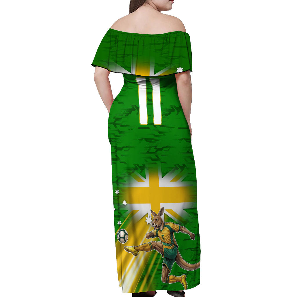 Personalized Australia Soccer Kangaroo Off Shoulder Maxi Dress Dynamic Kick with Australian Flag Green Gold Sports Graphic