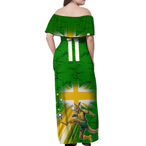 Personalized Australia Soccer Kangaroo Off Shoulder Maxi Dress Dynamic Kick with Australian Flag Green Gold Sports Graphic