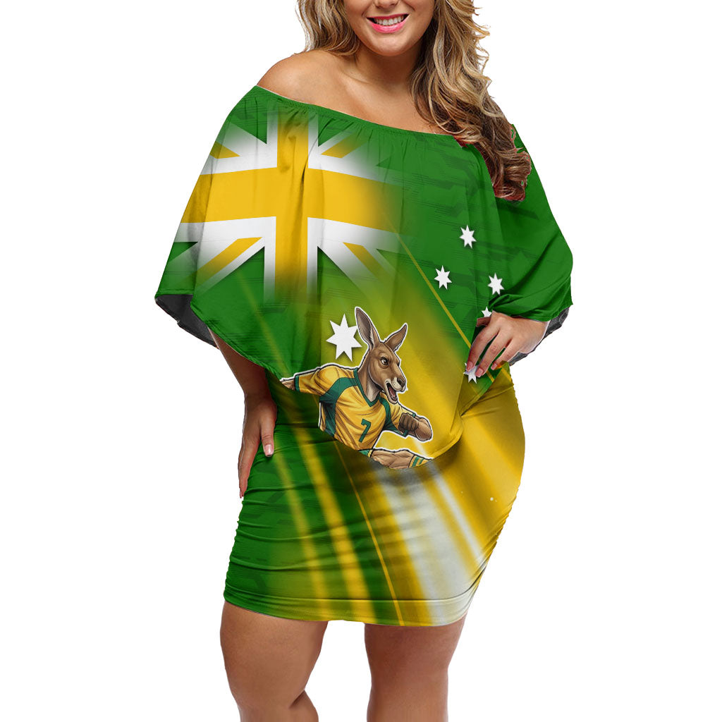 Personalized Australia Soccer Kangaroo Off Shoulder Short Dress Dynamic Kick with Australian Flag Green Gold Sports Graphic