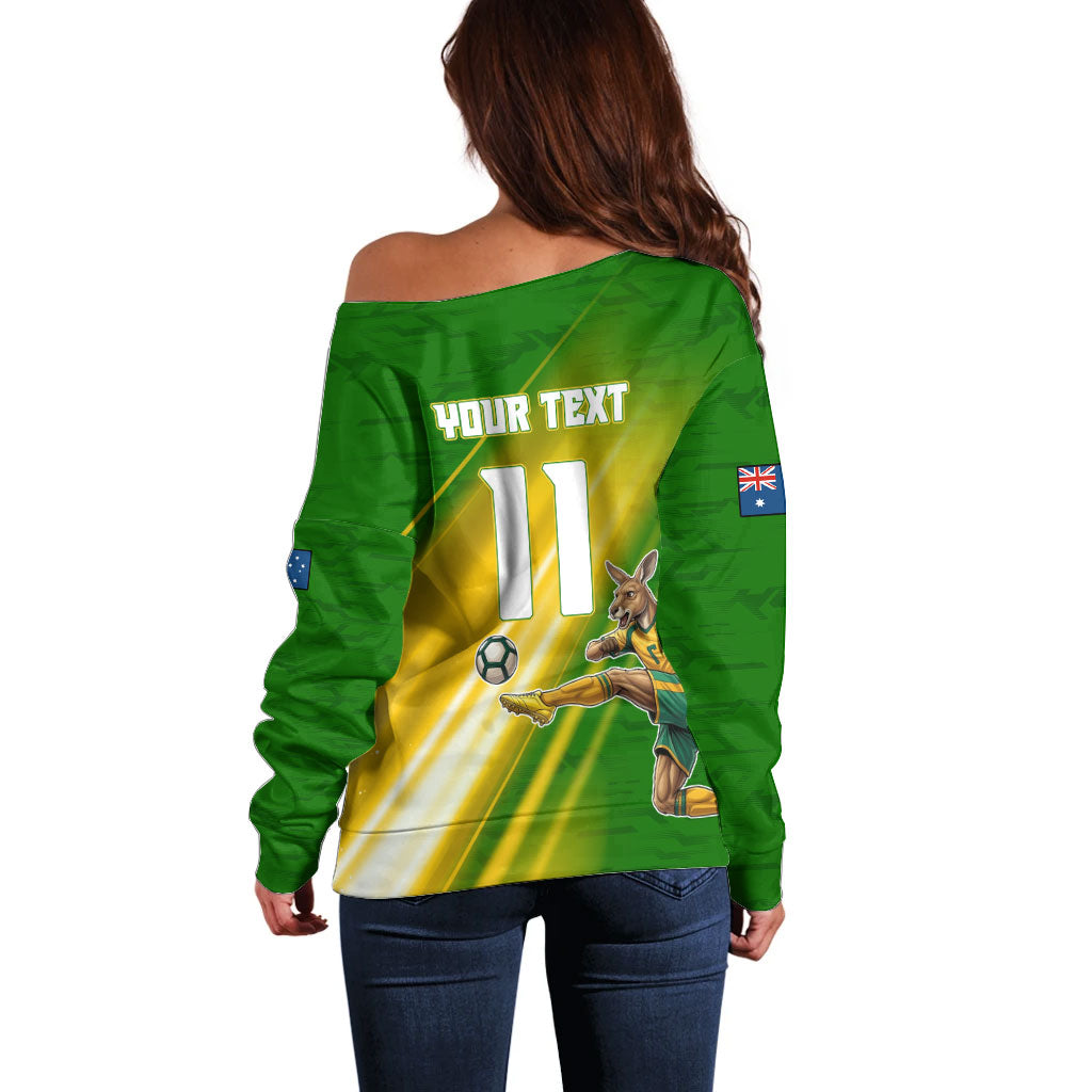 Personalized Australia Soccer Kangaroo Off Shoulder Sweater Dynamic Kick with Australian Flag Green Gold Sports Graphic