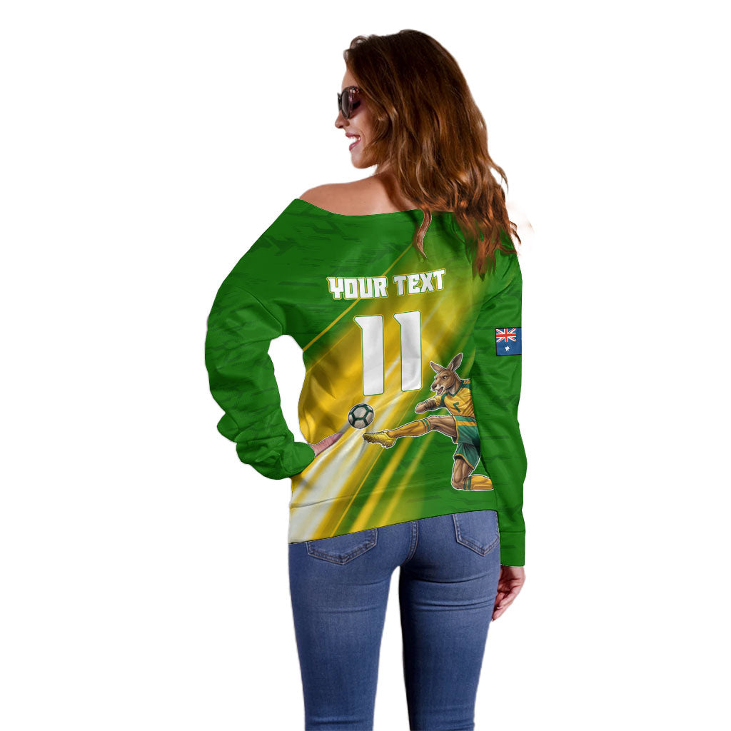 Personalized Australia Soccer Kangaroo Off Shoulder Sweater Dynamic Kick with Australian Flag Green Gold Sports Graphic