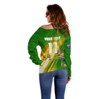 Personalized Australia Soccer Kangaroo Off Shoulder Sweater Dynamic Kick with Australian Flag Green Gold Sports Graphic