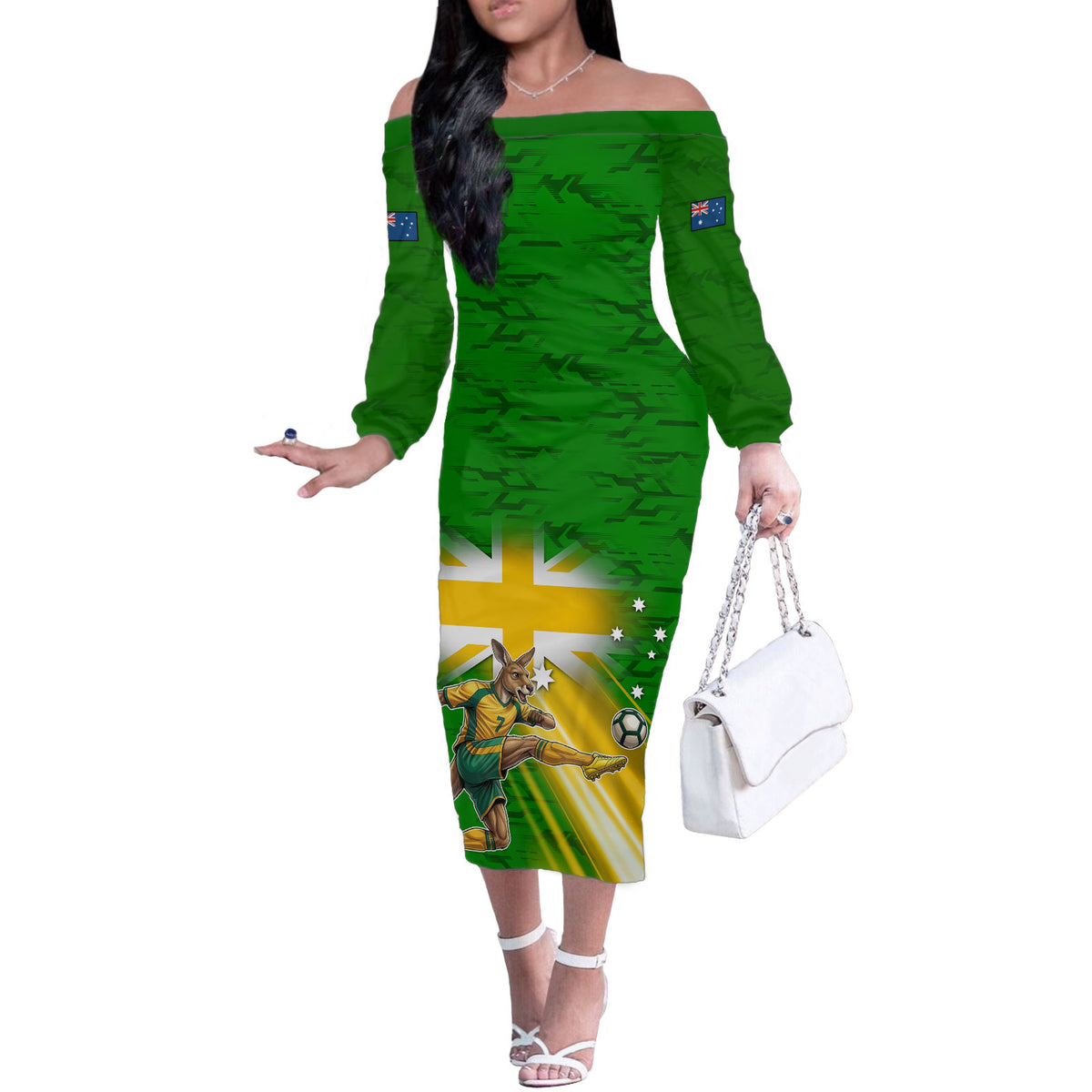 Personalized Australia Soccer Kangaroo Off The Shoulder Long Sleeve Dress Dynamic Kick with Australian Flag Green Gold Sports Graphic