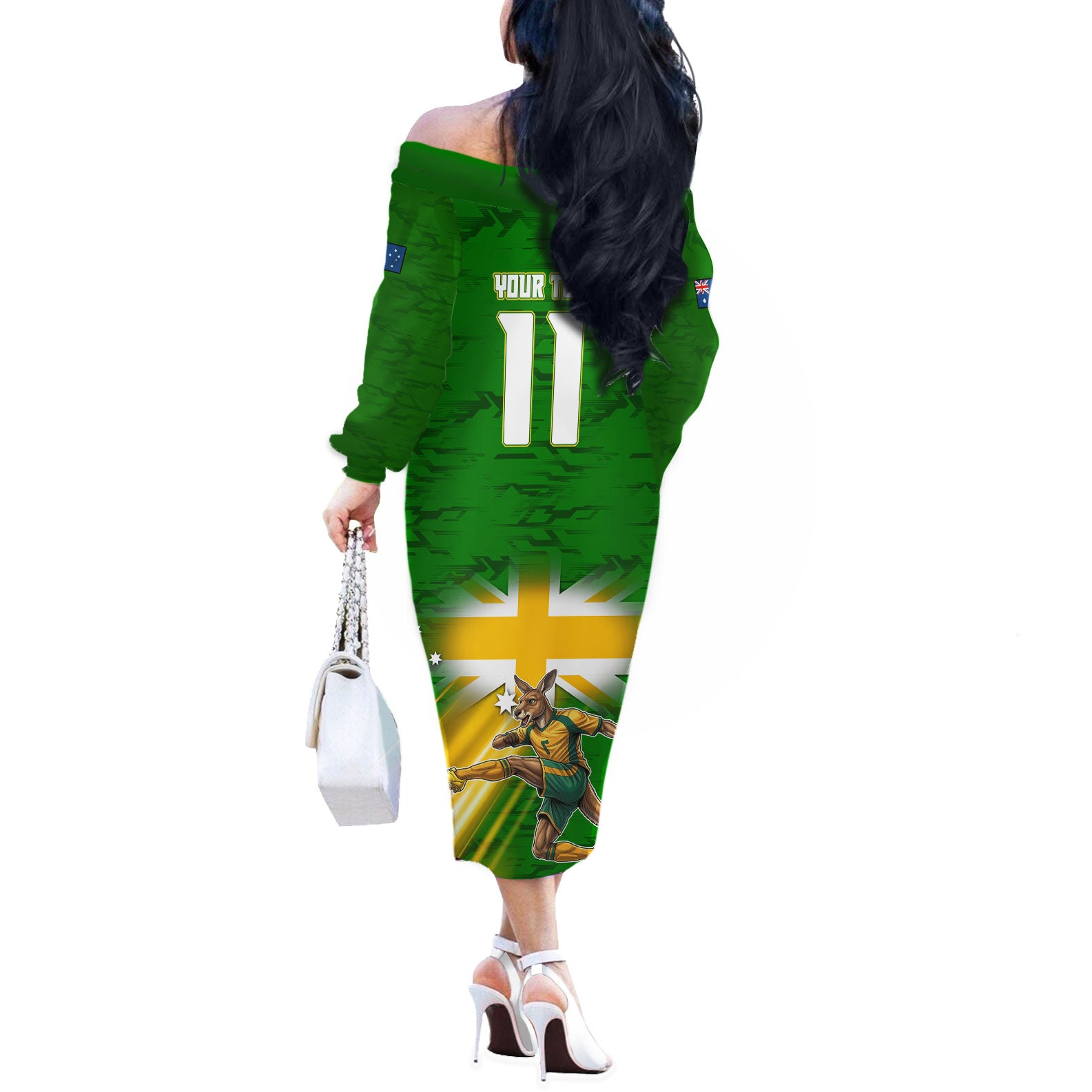 Personalized Australia Soccer Kangaroo Off The Shoulder Long Sleeve Dress Dynamic Kick with Australian Flag Green Gold Sports Graphic