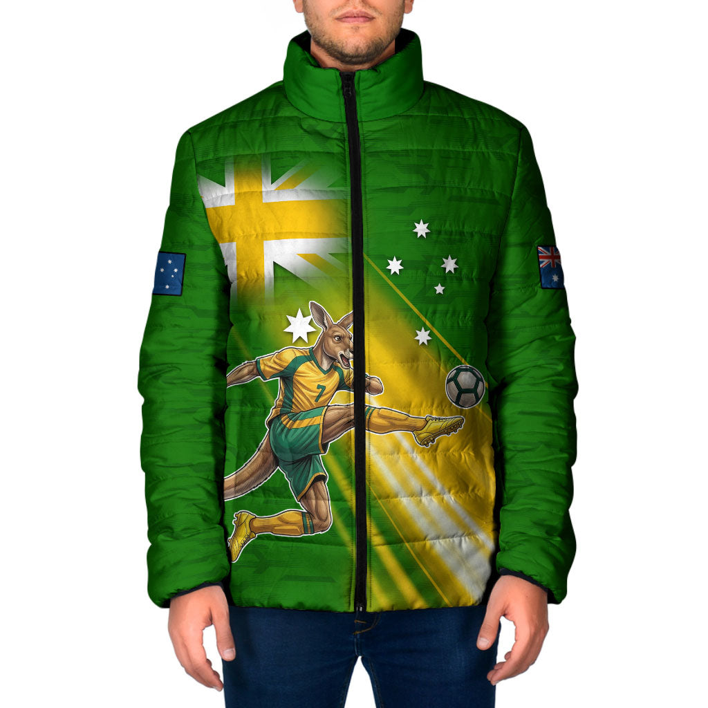 Personalized Australia Soccer Kangaroo Padded Jacket Dynamic Kick with Australian Flag Green Gold Sports Graphic