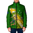 Personalized Australia Soccer Kangaroo Padded Jacket Dynamic Kick with Australian Flag Green Gold Sports Graphic
