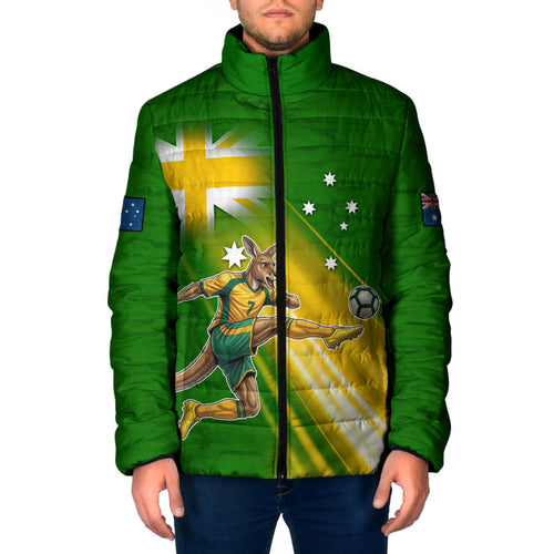Personalized Australia Soccer Kangaroo Padded Jacket Dynamic Kick with Australian Flag Green Gold Sports Graphic
