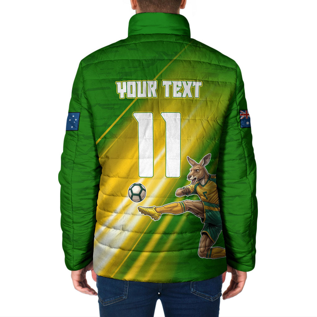 Personalized Australia Soccer Kangaroo Padded Jacket Dynamic Kick with Australian Flag Green Gold Sports Graphic