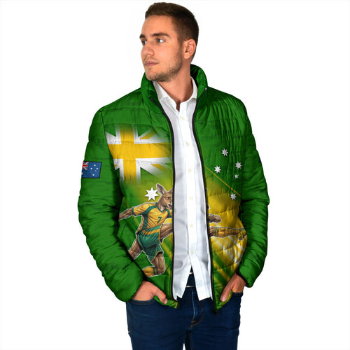 Personalized Australia Soccer Kangaroo Padded Jacket Dynamic Kick with Australian Flag Green Gold Sports Graphic