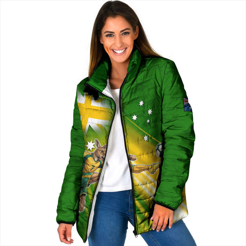 Personalized Australia Soccer Kangaroo Padded Jacket Dynamic Kick with Australian Flag Green Gold Sports Graphic