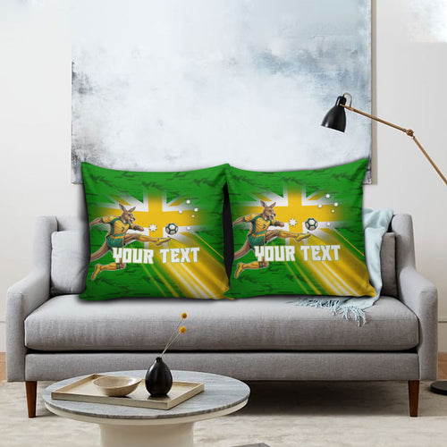 Personalized Australia Soccer Kangaroo Pillow Cover Dynamic Kick with Australian Flag Green Gold Sports Graphic