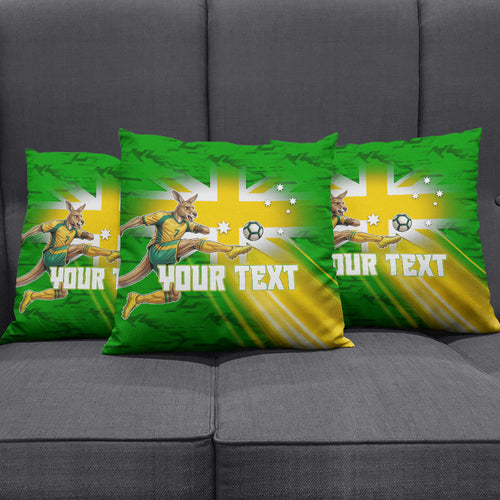 Personalized Australia Soccer Kangaroo Pillow Cover Dynamic Kick with Australian Flag Green Gold Sports Graphic