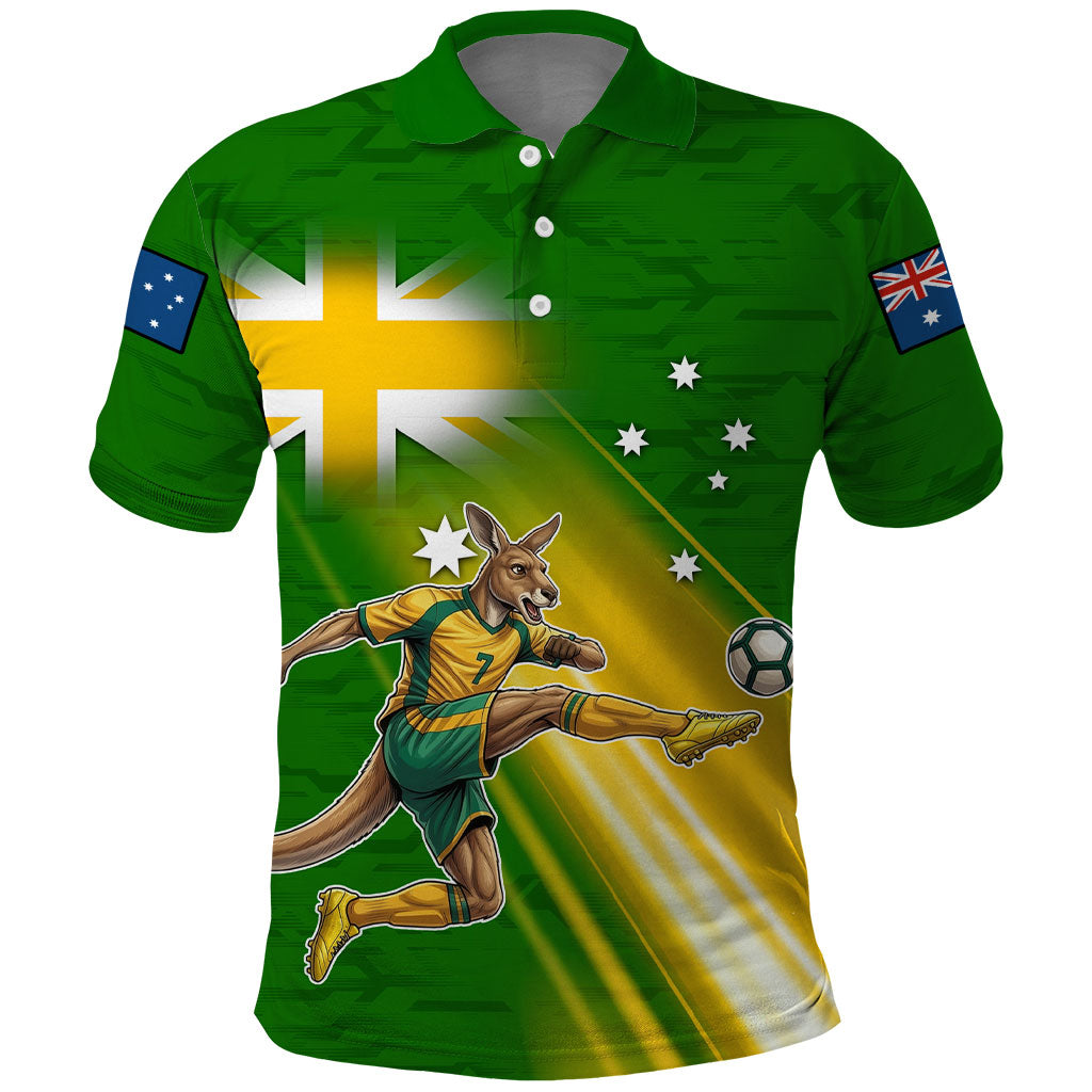 Personalized Australia Soccer Kangaroo Polo Shirt Dynamic Kick with Australian Flag Green Gold Sports Graphic