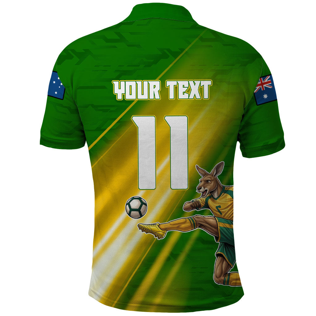 Personalized Australia Soccer Kangaroo Polo Shirt Dynamic Kick with Australian Flag Green Gold Sports Graphic