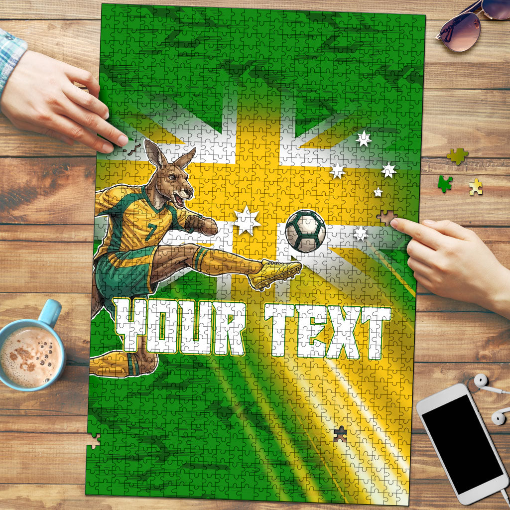 Personalized Australia Soccer Kangaroo Puzzle Dynamic Kick with Australian Flag Green Gold Sports Graphic