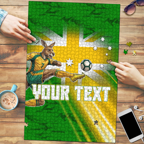 Personalized Australia Soccer Kangaroo Puzzle Dynamic Kick with Australian Flag Green Gold Sports Graphic